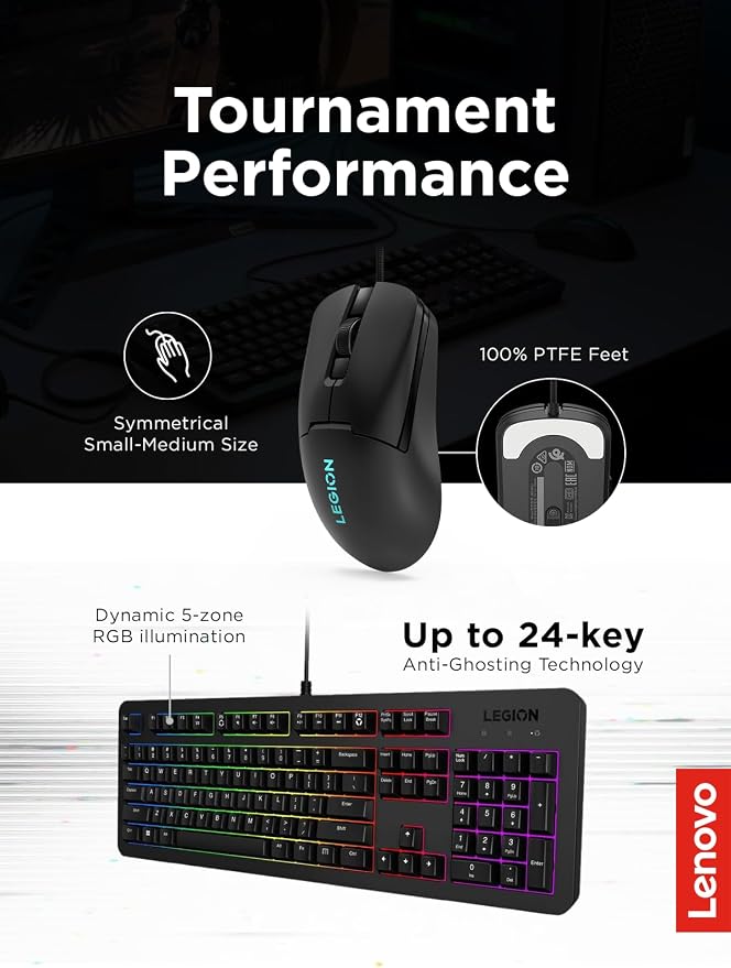 Lenovo Legion KM310 RGB Wired Gaming Keyboard & Mouse Combo - K310 Keyboard w/Silent Operation & Compact Water-Resistant Design - M300S Mouse with 8000 Adjustable DPI, 220 IPS, 6 Programmable Buttons - Image 3