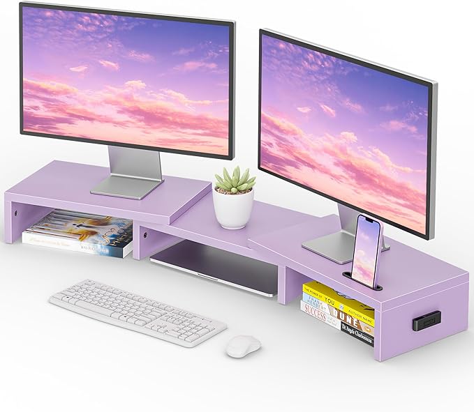 BONTEC Dual Monitor Stand Riser, Adjustable Length & Swivel Angle, Purple | Ergonomic Wooden Desktop Organizer with Smartphone Holder, Computer Monitor Stand for PC, Laptop, Printer and Large Storage by BONTEC
