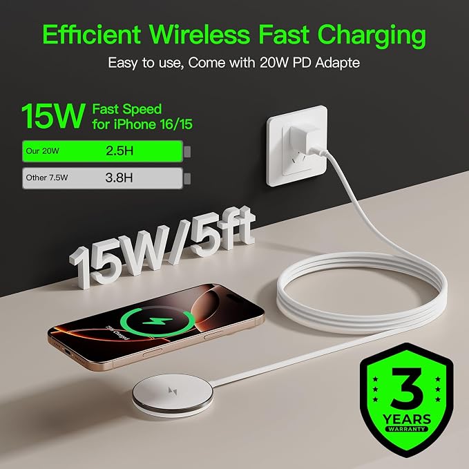 New for MagSafe Charger: Magnetic Wireless Charging Pad for iPhone 17 16 15 14 13 12 Series AirPods 4-2 Pro, Strong Magnet, with PD20W Charging Block, Ultra-Thin Portable【 1 Pack 5FT】 - Image 3