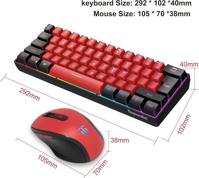 Snpurdiri 2.4G 60% Wireless Gaming Keyboard and Mouse Combo (Black and Red) | Small Wireless Gaming Keyboard and Ergonomic Vertical Feel Small Mouse - Image 6