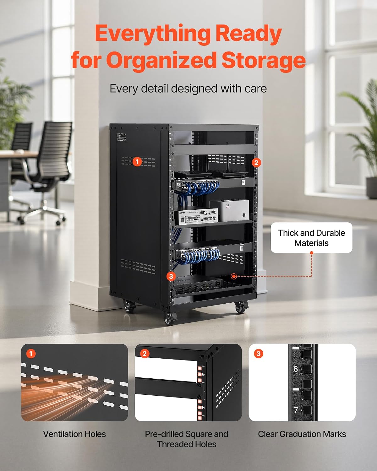 VEVOR 16U AV Rack with 4 Wheels, Network Server Rack Recording Studio Rack - Image 6