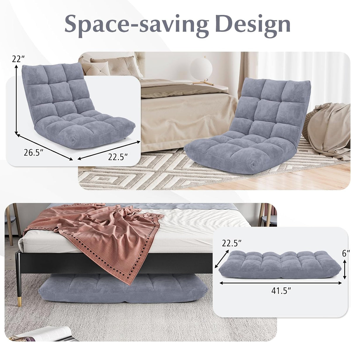 14-Position Floor Sofa, Folding Gaming Sofa Chair, Comfy Cushions & Study Steel Frame, Angle Adjustable Sleeper Bed, Couch Recliner (Grey) - Image 5