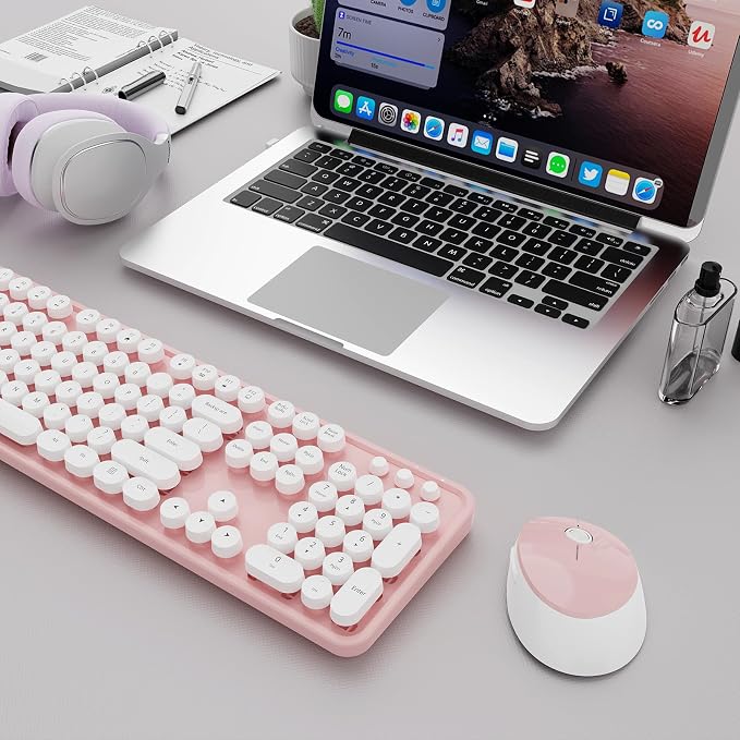 Wireless Keyboard and Mouse Combo, Ergonomic Full Size Typewriter Retro Round Keycaps Keyboard, Compatible with Windows, PC, Perfer for Home and Office Keyboards (Lovely Pink) - Image 8