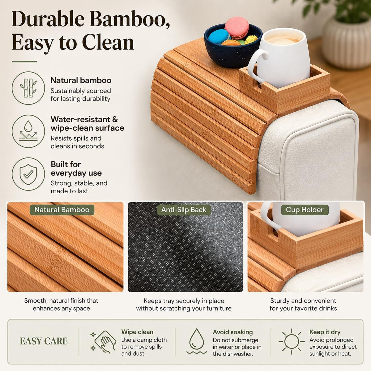 Sofa Arm Tray Table with Cup Holder, Bamboo Couch Armrest Organizer for Remote, Phone, Snacks, Foldable Non-Slip Couch Arm Table Fits Most Sofas, Couches and Recliners - Image 5