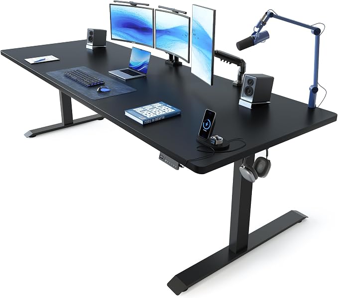 FEZIBO Standing Desk 83 × 37 Inch Electric Height Adjustable, Black | 1" Thick Large Adjustable Desk with Integrated Dual-Beam, Cable Management, Computer Desk for Home Office Workstation by FEZIBO