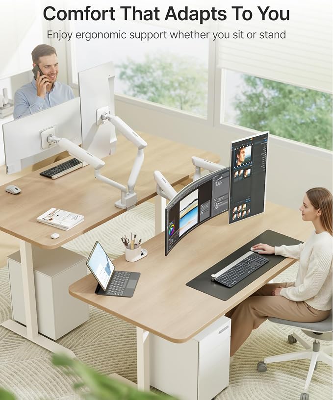 monTEK Mechanical Spring Dual Monitor Arm for 27 32 34 inch Screens White | Built-in One-Way Bearing, Holds 26.4 lbs, VESA 75/100mm, C-Clamp/Grommet Base & Cable Management, Office, Home, Game - Image 8