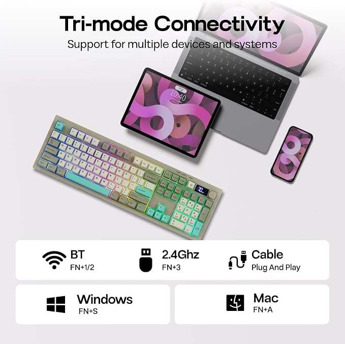 EPOMAKER Aula S102 PRO Membrane Gaming Keyboard w/TFT Screen & Volume Knob | Silent Keyboard w/ Number Pad for PC Game/Office, BT/2.4G/USB, RGB Backlit, Creamy Silicone Structure (Grey) - Image 5