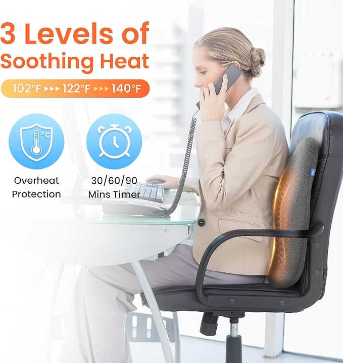 Heated Lumbar Support Pillow for Office Chair, Ergonomic Back Support Cushion with Vibration, Memory Foam Chair Back Massager,Gifts for Mom Dad - Image 2