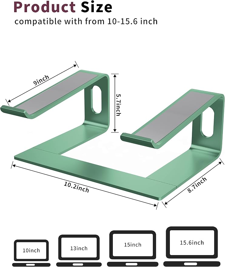 ALASHI Laptop Stand for Desk, Aluminum Computer Riser, Ergonomic Notebook Holder, Detachable Metal Laptops Elevator, PC Cooling Mount Support 10 to 15.6 Inches Notebook, Light Green - Image 2