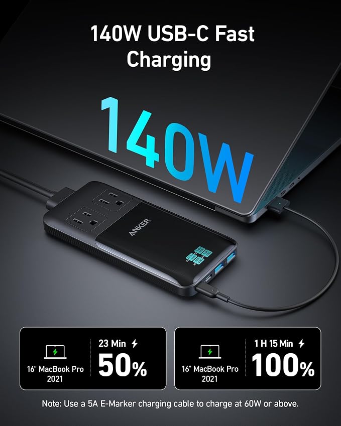 Anker Prime Charging Station, 140W 6-in-1 Travel Power Strip, 2 USB C | 2 AC, 2 USB A, 5ft Detachable Extension Cord with Multiple Outlets, Desk Accessories, Home Office (Non-Battery/Wireless) - Image 3