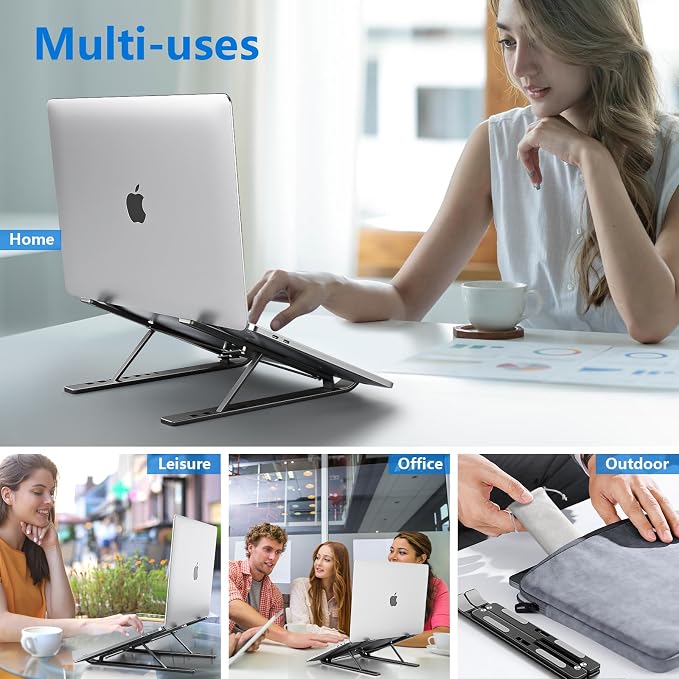 Laptop Stand for Desk, Aluminum Metal MacBook Stand, Computer Riser for Desk, Portable Foldable Adjustable Notebook Holder, Compatible with 10-15.6 Inch Laptops, iPad, Black. - Image 7