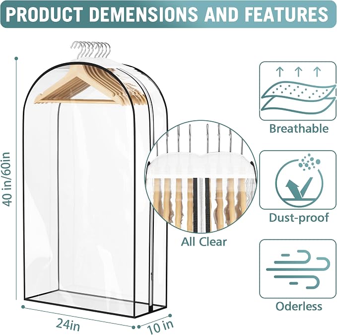 Liuoud Clear Garment Bags for Hanging Clothes 10” Gusseted, 4 Pack, 40”&60” | Suit Bags for Closet Storage with Large Metal Zipper, Breathable odorless Hanging Plastic Clothes Cover for Coat Dress Fur - Image 3