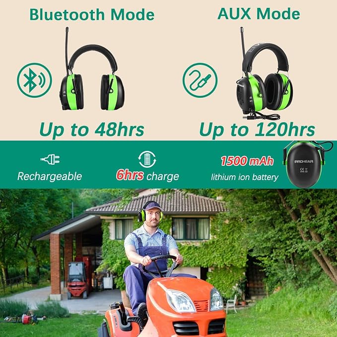 PROHEAR 033 Upgraded 5.4 Bluetooth Hearing Protection AM FM Radio Headphones, Noise Reduction Safety Earmuffs with Rechargeable 1500mAH Battery, 31dB SNR Ear Protector for Mowing Lawn,Gifts for Father - Image 5
