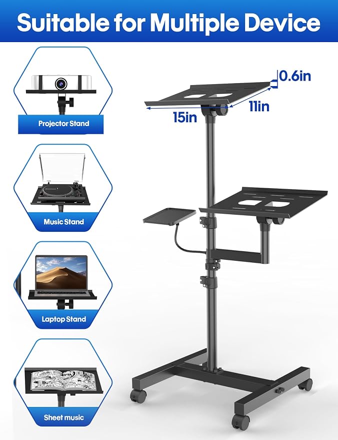 Projector Stand, 2-Shelf Laptop Tripod Stand with Adjustable Height | Max 47" Height Adjustable Laptop Cart on Wheels, Projector Floor Stand with Ventilated Tray for Podium, Meeting - Image 6