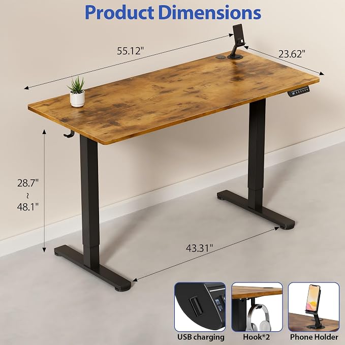 YESHOMY Height Adjustable Electric Standing Desk, 55 x 24 Inches Memory Home Office Sit Stand up Desk with Phone Holder and USB Charging Port, Rustic Brown - Image 3