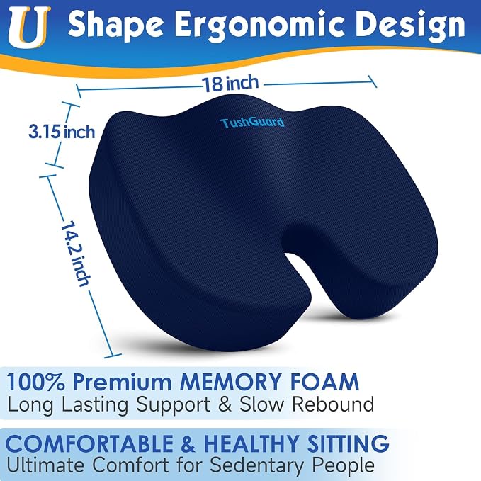 Seat Cushion for Office Chair, Car, Memory Foam, Blue Large | For Back, Coccyx, Sciatica, Tailbone Pain, Ergonomic Design, Non-Slip, Desk Wheelchair Use, Supportive Butt Pillow, For Man - Image 2
