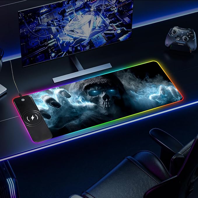 Wireless Charging RGB Gaming Mouse Pad, 31.5 x 11.8 Inch Extended Mouse Mat with Dark Skull Design, LED Desk Pad with 7 Lighting Modes, Non-Slip Base for Gaming & Office - Image 8