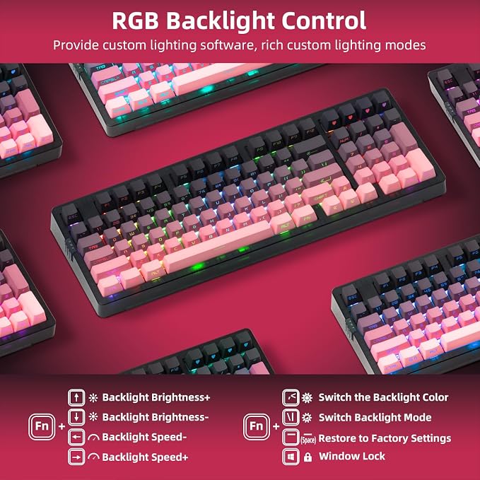 ZORNHER ZH980 Mechanical Keyboard Wireless,95% Pink Creamy Keyboard with Number Pad,Gaming Keyboard with Number Pad,Lighted Up PBT Keycaps,Creamy Sounding Linear Switches,Full Size - Image 3