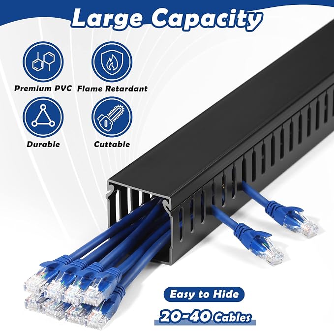 ZhiYo 2"H x 2"W Cable Raceway, 6ft Under Desk Wire Management Channel Black | Slotted Wire Duct, 2 Pack (3 ft Each), Heavy-Duty PVC Cable Management for Server Racks, Network Cables & Electrical Cabinets - Image 3