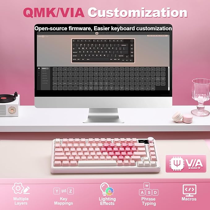 YUNZII B75 PRO MAX 75% Mechanical Keyboard (Pink Heart, Cocoa V2) | QMK/VIA, Wireless Keyboard with Screen and Knob, Custom Hot Swap, Gasket Mount, Creamy Switches, RGB for Gaming/Win/Mac - Image 6