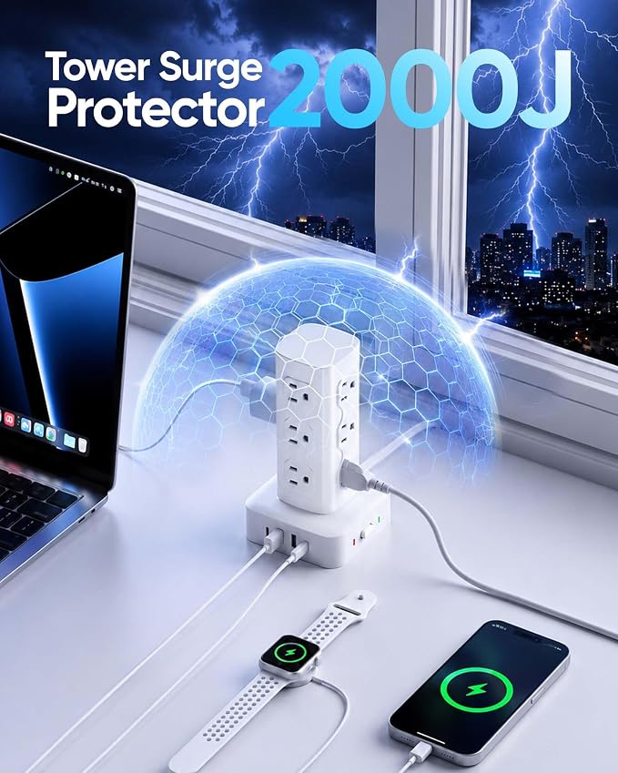 Power Strip Tower Surge Protector(2000J), Flat Plug Charging Station Tower with 12 AC Outlets & 4 USB Ports(2 USB C), 6FT Extension Cord for Home Office Dorm, White - Image 4
