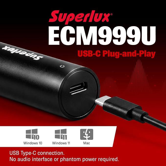 Superlux ECM999U USB-C Measurement Microphone, 24-Bit/48kHz, 10Hz–20kHz | For engineers and educators measuring rooms or speakers; USB-C plug-and-play, 24-bit/48kHz capture and 10Hz–20kHz response - Image 2