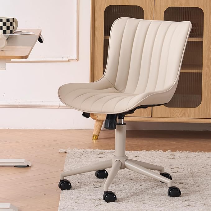 YOUNIKE Office Desk Chair with Wheels Armless Vanity Chair Ergonomic Cream | Faux Leather Upholstered with Rocking Back, Swivel Height Adjustable, Modern Small Cute Task Chair For Sewing Drafting by YOUNIKE