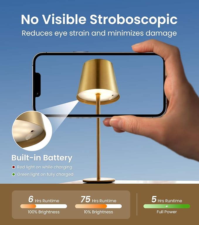 3 Pack Cordless Table Lamp, Portable Battery Operated Lamp with 3 Color Temps and Stepless Dimming, Rechargeable Table Lamp for Dinner, Desk, Cafe, Outdoor (Brushed Gold) - Image 4