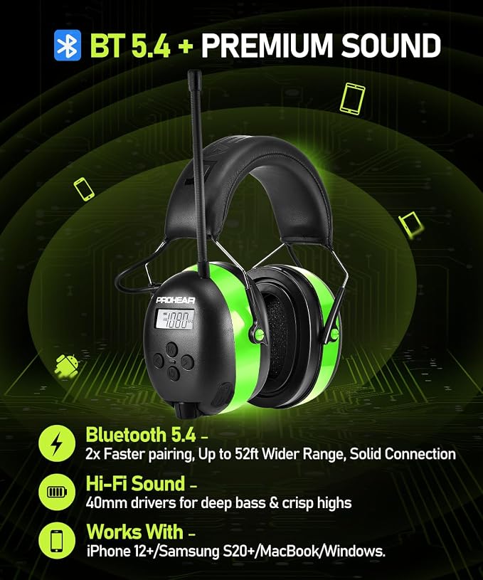 PROHEAR 033 Gel Ear Pads AM FM Bluetooth Radio Headphones - More Soft Comfort - USB C Rechargeable 1500mAh Battery - 31dB SNR - 58Hrs Playtime - Hearing Protection for Mowing Lawn, Gifts for Father - Image 4