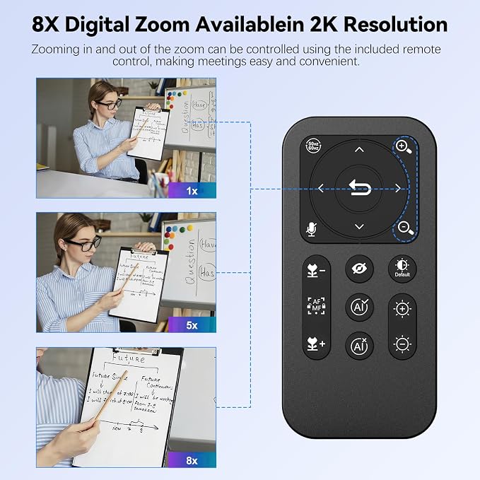 2K AI Webcam USB 3.0 with HDR 8X Digital Zoom & Microphone for PC | with Remote Control Plug and Play, Compatible with Zoom, Teams, Skype, Facetime, Meetings for Laptop Desktop Mac - Image 6