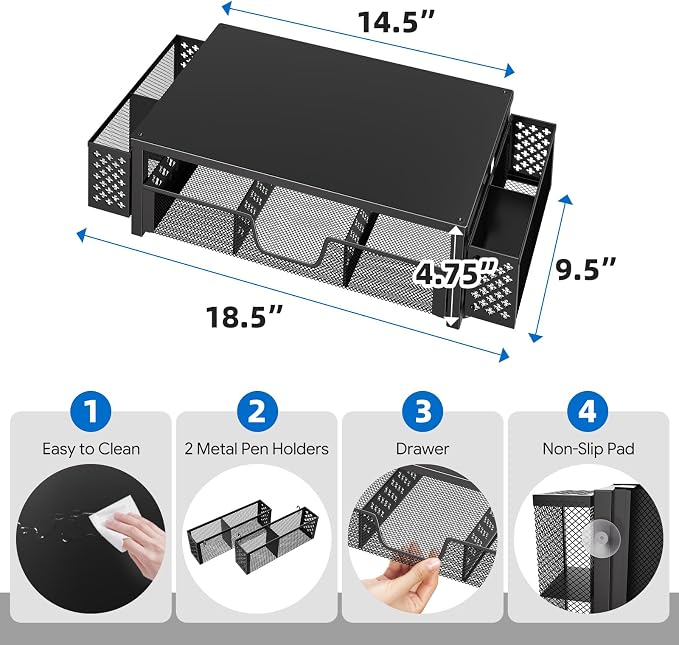 Simple Trending Desk Organizer, Computer Monitor Stand Riser, Black | Metal Laptop & Printer Stand, Desktop Organizer with Drawer & 2 Pen Holders, Anti-Slip Pads, 18.5"W x 9.5"D x 4.75"H - Image 3