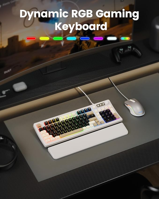 SABLUTE Gaming Keyboard and Mouse, Quiet Membrane with RGB Backlit, White | PC Gaming Keyboard with Multimedia Knob, Anti-Ghosting, Ergonomic Wrist Rest & 3200 DPI Mouse for Gamer/Office - Image 2