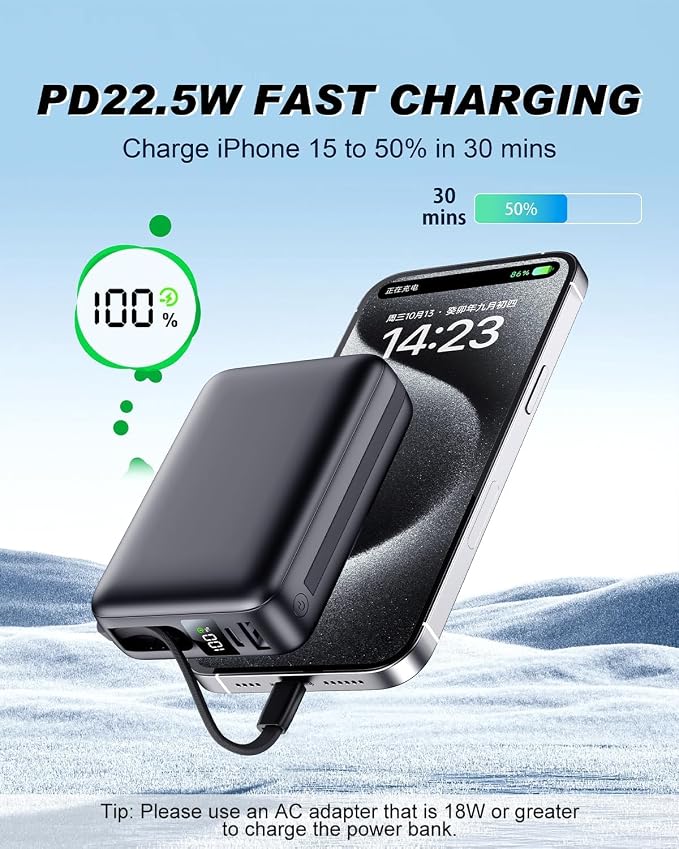 Portable Charger 50000mAh, PD22.5W Fast Charge Power Bank Built-in 2 Cables | Portable Phone Charger for iPhone/Android/Samsung Galaxy Travel Essential (Black) - Image 2