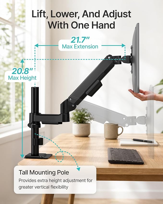 Single Monitor Arm for 17-32 Inch Screens, Holds up to19.8 lbs | Desk Monitor Mount with Clamp and Grommet Base,Gas Spring Monitor Stand,Full Motion Monitor Arms for Home Office - Image 7