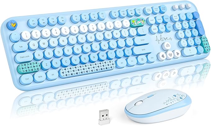 MOFII Wireless Keyboard and Mouse Combo, Cute Retro Typewriter Keyboard and Silent Mouse, 2.4GHz Full Size Computer Keyboard Wireless Mouse Set for PC, Laptop, Desktop, Windows (Blue Colorful) by MOFII