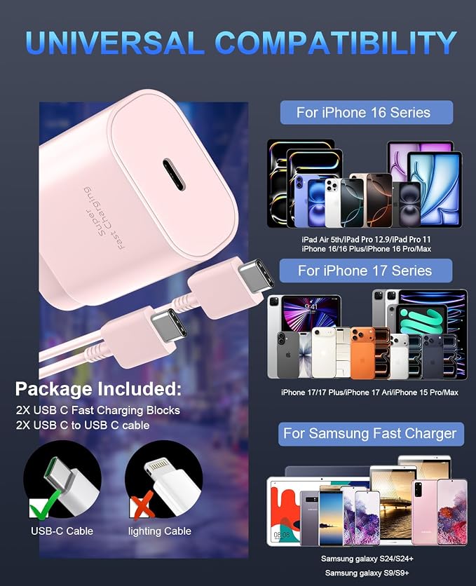 Phone 17 16 15 Charger Fast Charging,30W USB C Phone 17 16 15 Pro Max Charger Block &10FT Long Type C Cable Cord for i.Phone 17/17 Air/17 Pro/17 Pro Max/16/16 Plus/16 Pro/16 Pro Max/15/15 Pro Max,Pink - Image 6