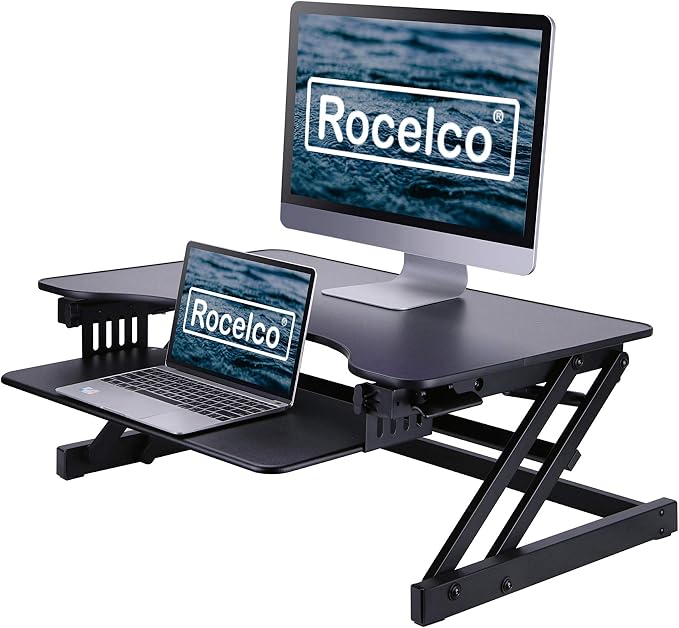 Rocelco 32" Height Adjustable Standing Desk Converter - Slide Out Retractable Keyboard Tray - Sit Stand Up Double Monitor Riser - Dual Piston Lift Assist Tabletop Computer Workstation - Black (R ADRB) - Image 9