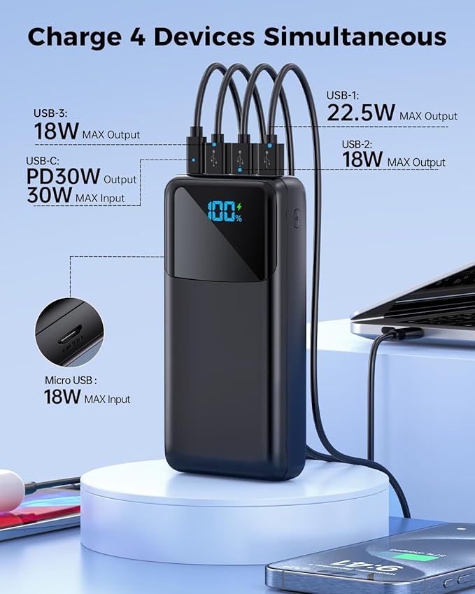 Portable Charger Power Bank 50000mAh, USB-C PD 30W Fast Charging, High Capacity External Battery Pack for Camping, Portable Phone Charger for iPhone 17/16/15/14/13/12/11 Samsung Android (Black) | 4 Outputs & 2 lnputs, Digital Display,Lightweight, Phone... - Image 3