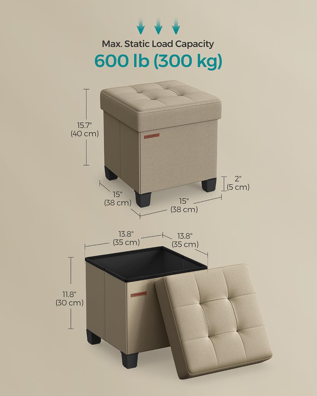 SONGMICS Storage Ottoman, Small Foot Rest, 15 x 15 x 15.7 Inches - Image 3