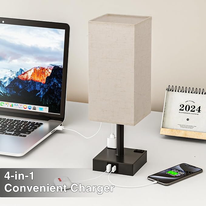 Beige Touch Table Lamp for Bedroom - Dimmable, USB C+A, 2 AC Outlets | 3-Way Dimming, 3000K Bulb Included, Square Beige Lampshade and Black Base, Desk Lamp for Nightstand, Living Room, Dorm - Image 3