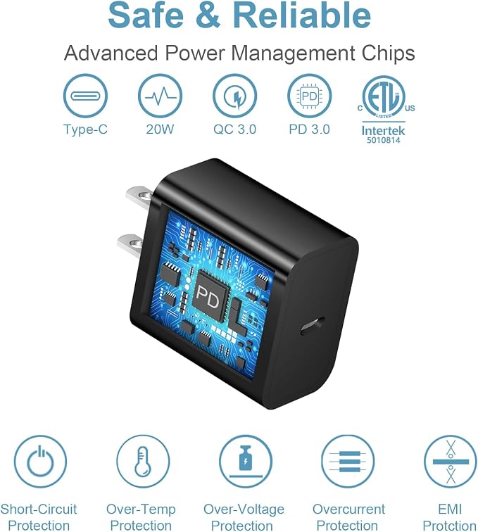 iPhone 17 16 15 Charger Fast Charging Type C Chargers USB C Charger Block | for iPhones, iPads,Tablets, Android phones,20W iPhone Charger USB-C Power Adapter,with Long 6FT USB C Charging Cables(Black) - Image 5