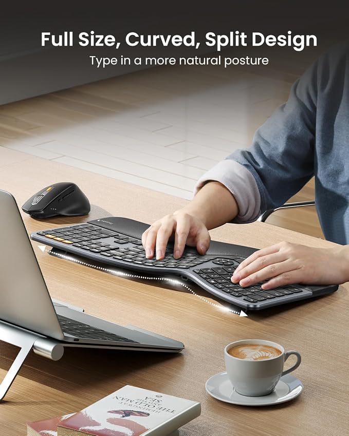 ProtoArc EKM01 Plus Wireless Ergonomic Keyboard Mouse Combo - Gray Black | Full-size Split Keyboard with Cushioned Wrist Rest, Ergonomic Mouse, 3-Device Bluetooth/2.4G, USB-C Rechargeable - Image 2
