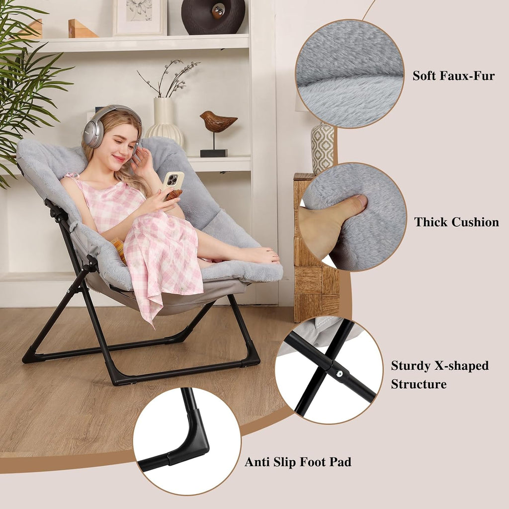 Comfy Saucer Chair for Adults, Soft Faux Fur Bedroom Chair, Accent Dorm Chairs, Flexible Living Room Reading Chairs, Oversized Folding Seat for Teens, X-Large, Grey - Image 5