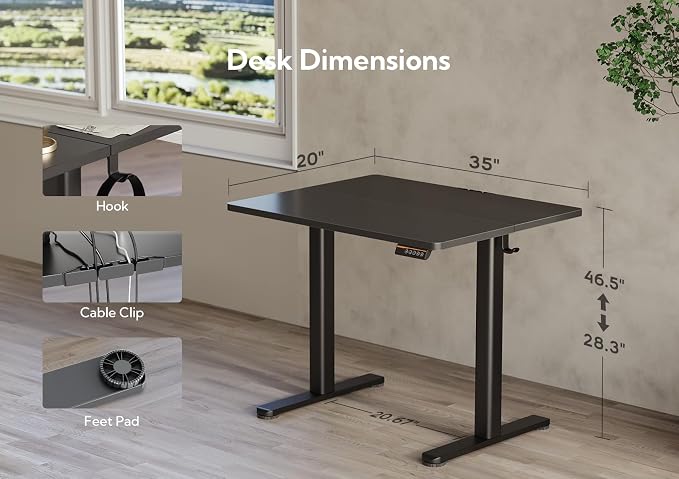 Claiks Electric Height Adjustable Standing Desk, 35x20 Inch, Black | Smooth Height Adjustment, 3 Memory Presets, Cable management hub & hook, Stable Steel Frame, 156 lbs Capacity, Easy Assembly - Image 3