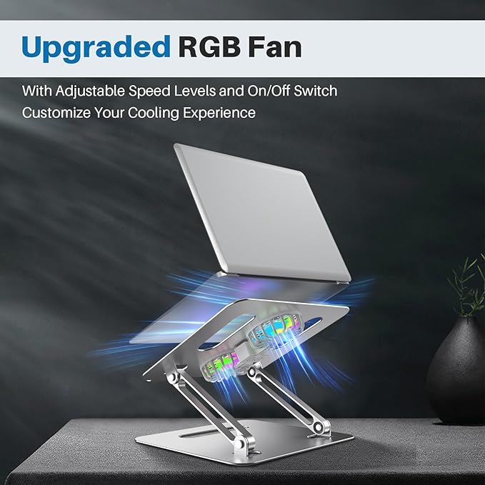 YICOSUN Adjustable Laptop Cooling Stand with 2 Quiet Fans & RGB Lighting, Aluminum Alloy & Foldable Ergonomic Design for MacBook, Lenovo, ASUS, Dell 10-16 Inch, Perfect for Gaming, DJ, Office - Silver - Image 2