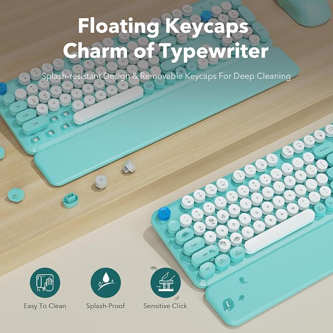 Wireless Keyboard and Mouse Combo, Full-Size Retro Typewriter Keyboard with Round Keycaps, Magnetic Wrist Rest, Tilt Legs, 2.4GHz Cordless for Mac, Windows PC, Laptop, SABLUTE CK23, Robin Egg Blue | Full-Size Retro Typewriter-Style Keyboard, 2.4GHz Cor... - Image 4