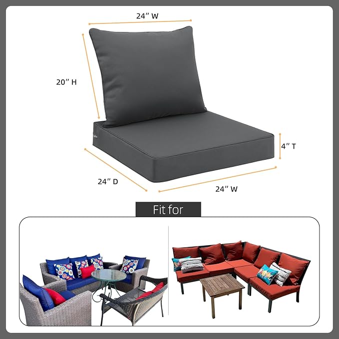 Favoyard Outdoor Patio Seat Cushions Set, 24x24 Inch, Waterproof, Dark Gray | Fade-Resistant, Removable Cover, Deep Seat & Back Cushion, Tie Straps for Patio Furniture, Garden, Rocking Chair, Sofa Couch - Image 2