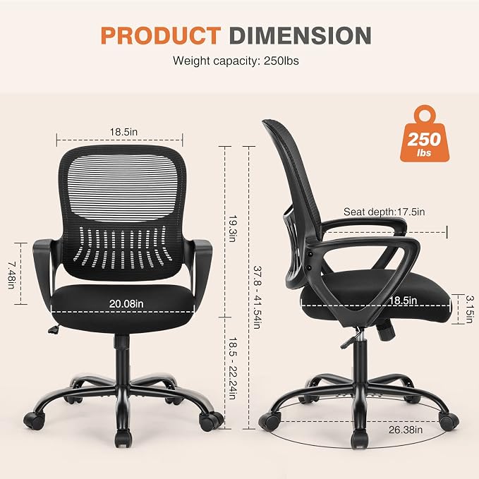 Sweetcrispy Home Office Managerial Executive Chair with Ergonomic Design | Mid-Back Mesh 360° Swivel, Comfortable Lumbar Support, Comfy Arms for Bedroom,Study,Student, Black - Image 2