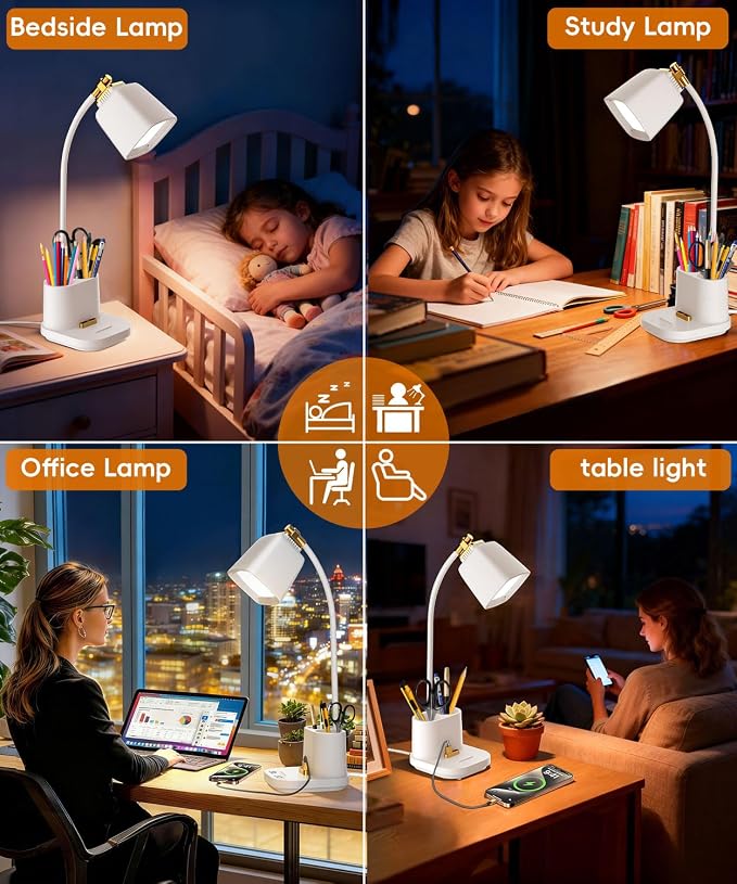 LED Desk Lamps for Home Office with Charger, Organizer, Desk Light Table Lamp for Bedroom, Study, Reading, Work, Nail, Gooseneck Small Desk Lamp for Artist, Puzzle, Drawing, Eye-Caring LED Office Lamp - Image 7