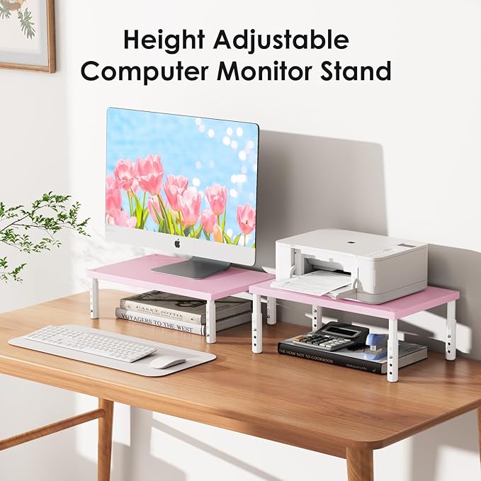 ECOLOVI Adjustable Wood Computer Monitor Stand Riser, Office Desk Organizer and Accessories for Monitor, Laptop, PC, Printer, Office Desk Accessories Workspace Organizer for Home Office Supplies, Pink - Image 6